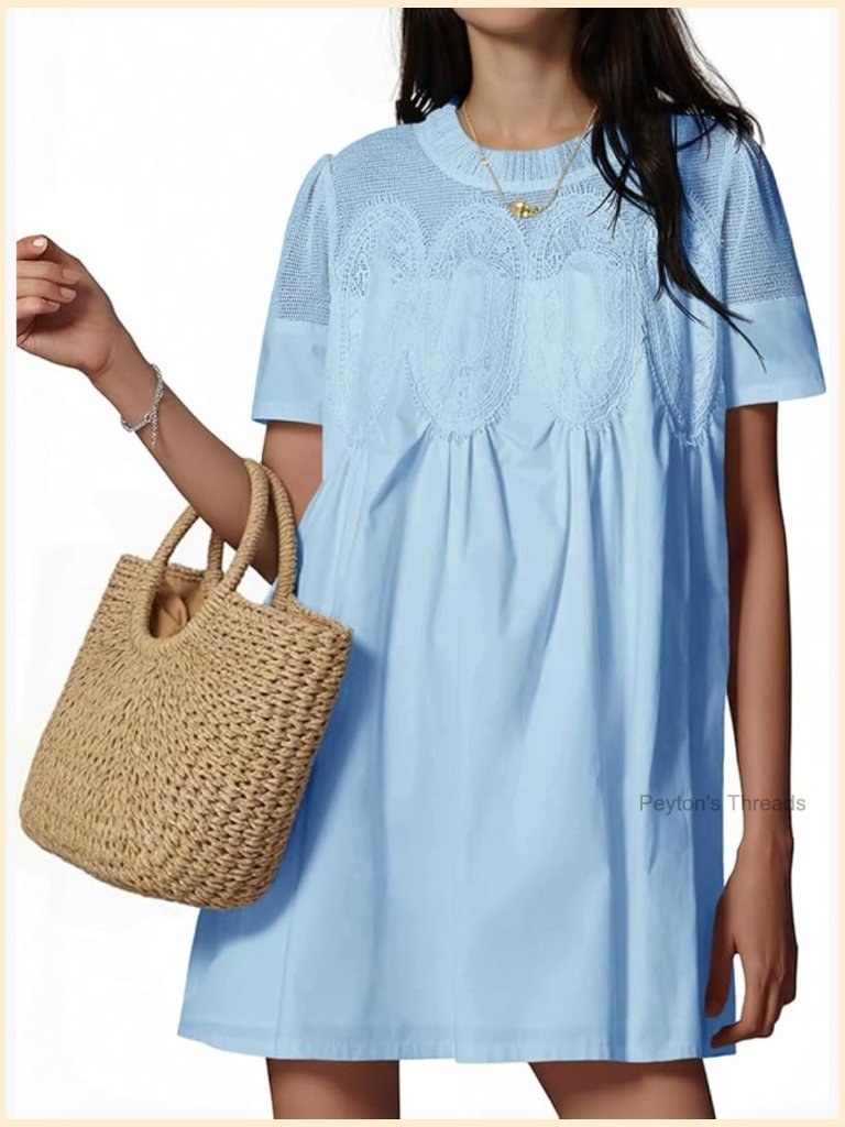 Lace Patchwork Babydoll Mini Dress Short Sleeve Crewneck Boho Sundress